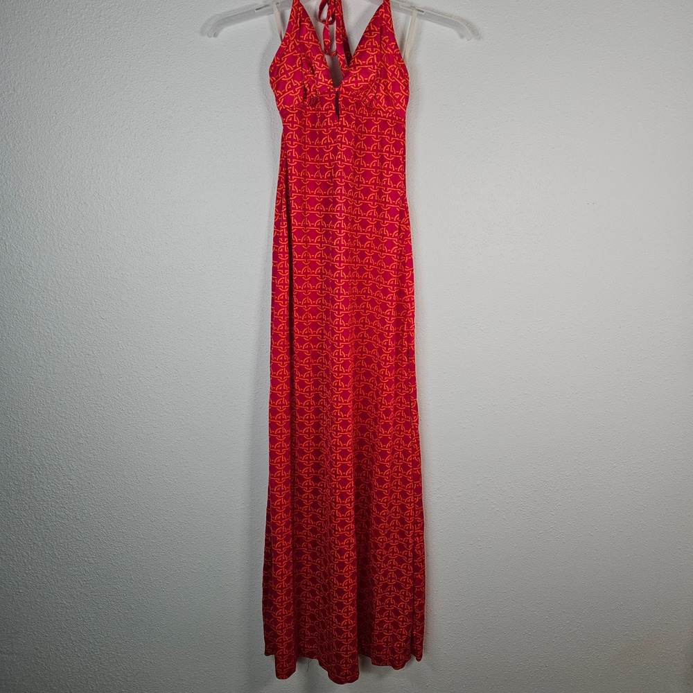 Elisabeth Stewart California 70s Orange Geometric Halter Maxi Dress Size 12